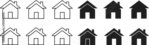 Simple house vector icon set with black outline and solid silhouette home symbols for real estate, construction, and property design,