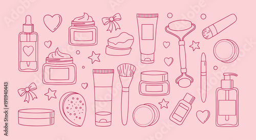 Aesthetic Collection of Beauty Products and Skincare Essentials Illustrated in a Charming Pink Outline Style on a Soft Pink Background