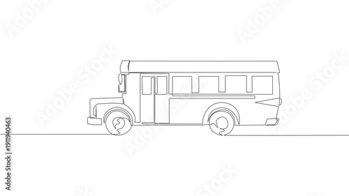 The school bus is a continuous one-line drawing. Old school bus single line art illustration.