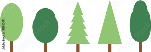 Assorted green forest tree vector icons in flat design featuring deciduous and coniferous pine fir oak for nature landscape projects,
