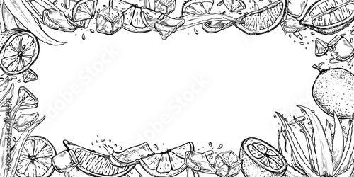 Lemon and aloe vera, droplets vector monochrome horizontal border. Fresh citrus fruit, aloe plant with juice drops rectangle frame with empty space for text. Cosmetic packaging, drink product