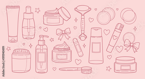 Charming collection of skincare products and beauty tools illustrated in a delightful pink line art style perfect for cosmetic brands and self care promotions