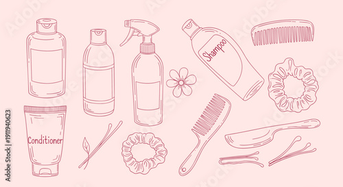 Hand drawn collection of hair care products and accessories for beauty and personal hygiene routine isolated on pink background