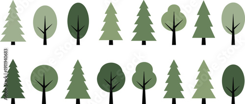 Green forest tree vector collection, flat conifer and deciduous pine fir oak silhouettes for nature landscape, environment and park design