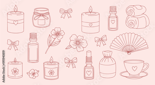 Serene Spa Collection Line Art Icons Featuring Candles Flowers Bottles Towels Fan and Tea Cup for Relaxation and Wellness