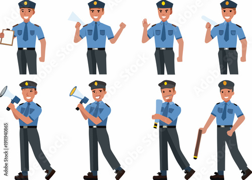 Illustrations of police officers in various poses and actions