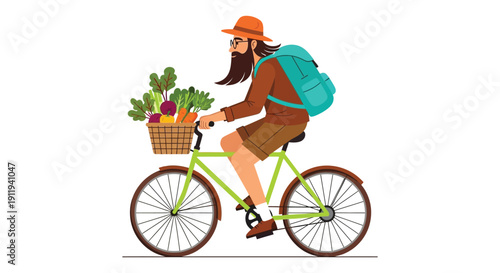 Bearded man with hat and backpack cycling home from the farmer's market delivery