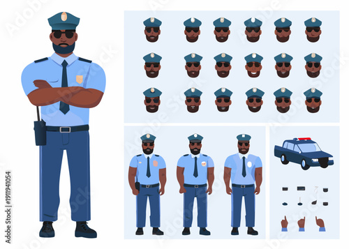 Police officer character design sheet with various poses and accessories
