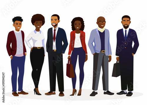 Group of diverse professionals standing together in a stylized illustration