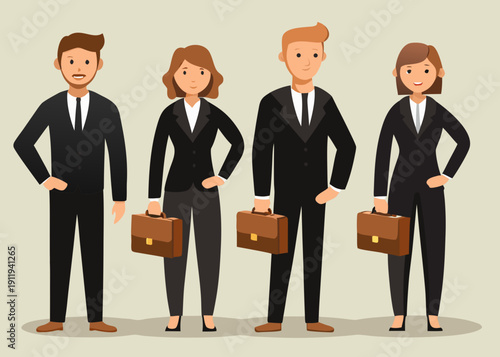 Four business professionals stand in a row formally dressed