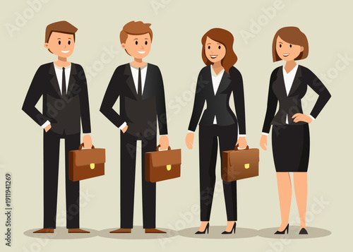 Four smiling business professionals standing in a row holding briefcases