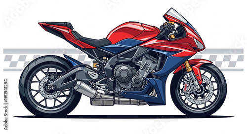 Red and Blue Motorcycle Side View.