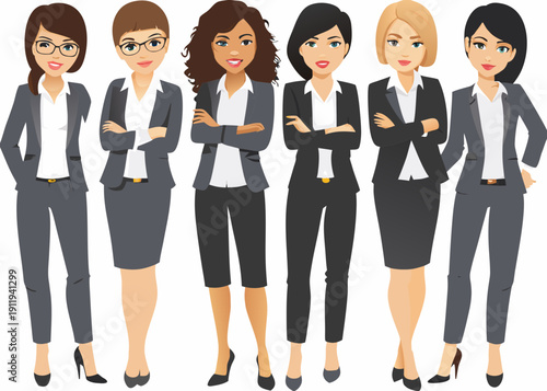 Diverse group of professional women in business attire standing in a row