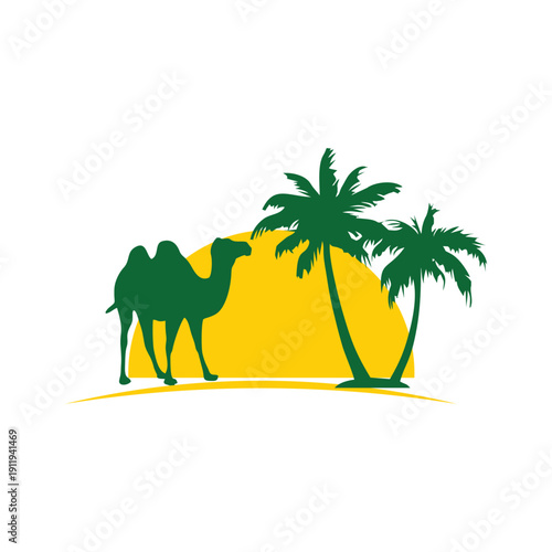 Camel and Palm Trees Silhouette in Desert Oasis Sunset Landscape Vector Illustration