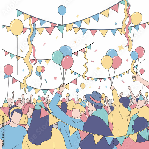 A vibrant illustration of a large crowd of people celebrating at a festive party with balloons, confetti, and colorful decorations.