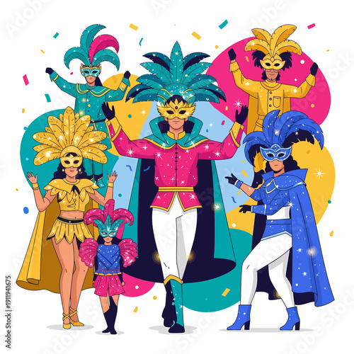 A vibrant illustration of people in colorful carnival costumes and masks celebrating with confetti.