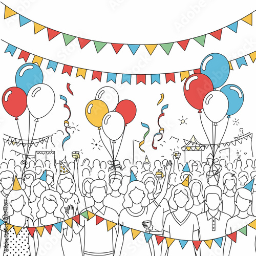 A vibrant line art illustration of a large crowd of people celebrating with balloons, confetti, and colorful pennant banners at a festive event.