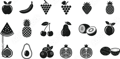 Assorted tropical and garden fruit vector silhouette icons featuring apple, banana, grapes, strawberry, pineapple, watermelon, pear, kiwi, peach, and avocado