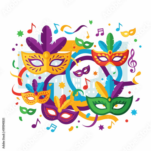 A vibrant illustration of multiple colorful carnival masks with feathers, musical notes, confetti, and ribbons, celebrating a festive event.