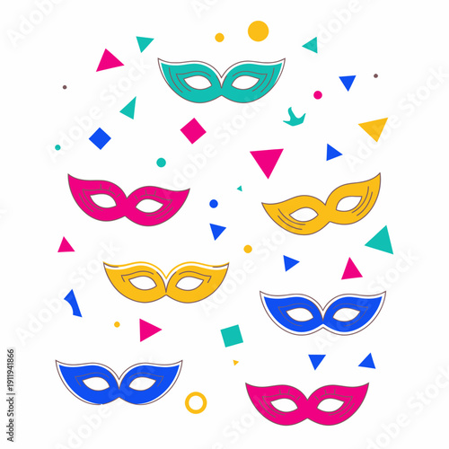 Vibrant collection of colorful carnival masquerade masks and festive confetti on a clean white background, perfect for celebration designs.