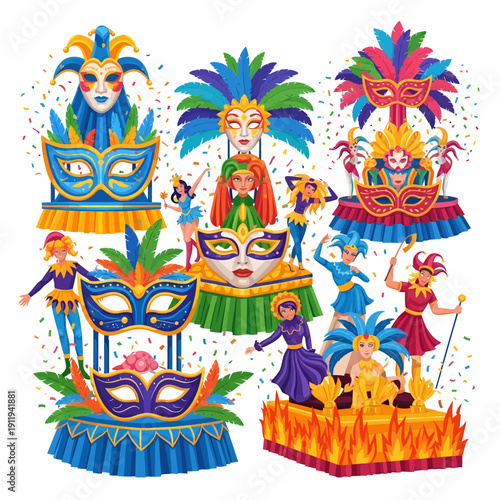 Vibrant carnival celebration with ornate masks, costumed people, and festive floats amidst falling confetti, depicting a lively cultural event.