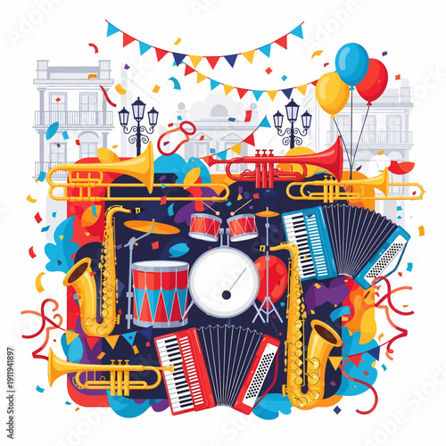A vibrant illustration of a festive street party with various musical instruments, confetti, balloons, and colorful banners.