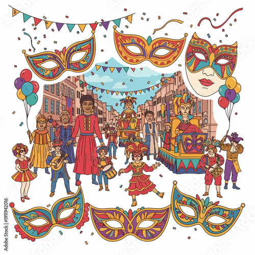 A vibrant illustration of a traditional carnival parade with costumed people, masks, and festive decorations.