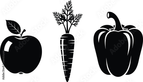Fresh organic apple carrot and bell pepper vegetable silhouette set, healthy food icons for vegan nutrition, cooking and kitchen design,
