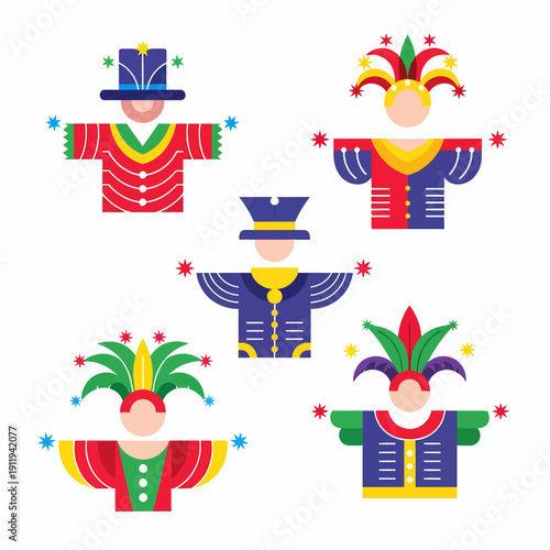 Five colorful stylized figures in festive carnival costumes with unique hats and jackets, depicted in a flat vector art style.