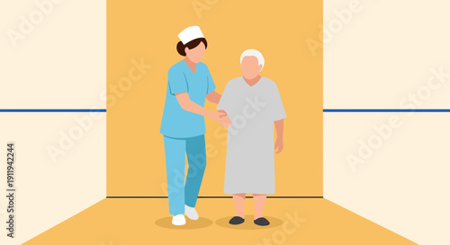 Nurse assisting elderly patient walking in hospital corridor, healthcare concept