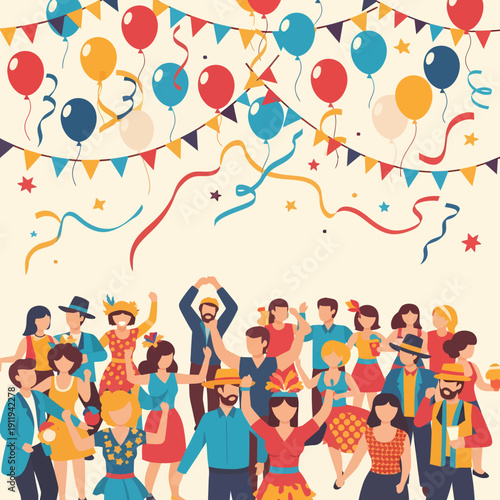 A vibrant illustration of a large group of diverse people celebrating outdoors with balloons, confetti, and colorful banners.