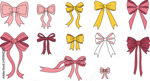 Decorative Ribbon Bows Vector Set in Pink and Yellow Colors for Gift Wrapping, Wedding, Birthday, Holiday and Craft Design