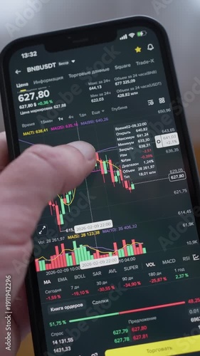 Crypto Chart Analysis. User Interacts With Realtime Crypto Price Movements And Indicators. Smartphone Interface Presenting Candlestick Patterns And Volume Data During Volatile Market Conditions