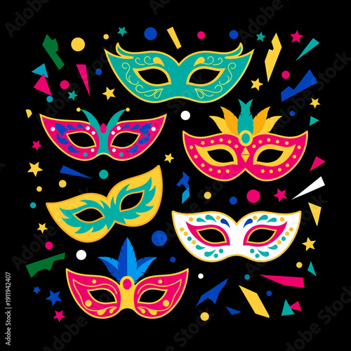Six vibrant carnival masks with confetti on a black background, depicting a festive celebration.