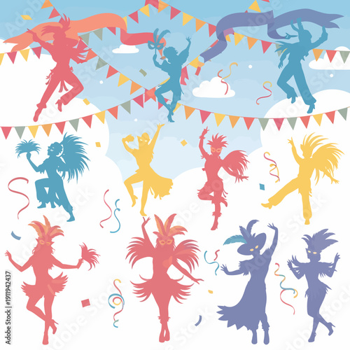 Colorful silhouettes of people dancing and celebrating at a vibrant carnival festival with confetti and banners.