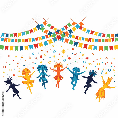 Colorful carnival celebration with dancing silhouettes and festive bunting flags.