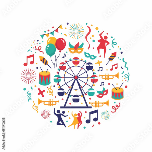 A vibrant circular illustration depicting a festive carnival or party scene with a Ferris wheel, balloons, musical instruments, dancing figures, and confetti.