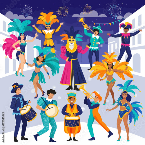 A lively carnival parade with people in colorful costumes, musicians, and dancers celebrating in a festive street scene with fireworks.