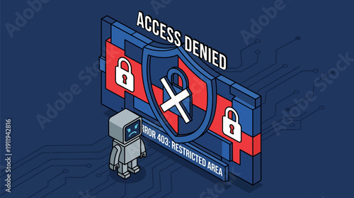 Access Denied Error 403: Restricted Area Isometric Illustration. Digital Security, Firewall, and Unauthorized Network Access Concept with Cute Robot Character.