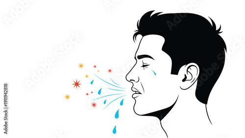 Profile of a man with dark hair sneezing with blue droplets and orange virus particles representing illness infection or allergies.