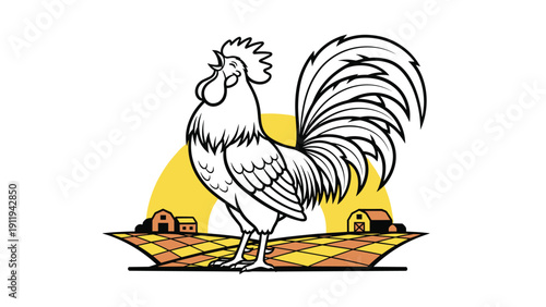 Proud rooster crowing on a farm at sunrise with a large yellow sun and barns in the background for a morning or rural life theme.