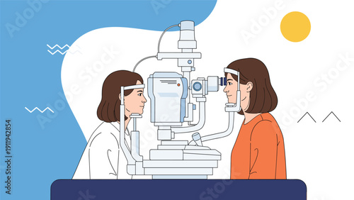 Professional female eye doctor conducting an ophthalmological examination on a patient using a specialized medical slit lamp device.