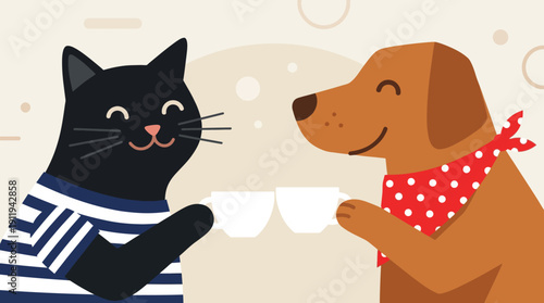 Cute Cat and Dog Friends Enjoying a Coffee Break: Flat Vector Illustration of Pets Toasting Mugs, Symbolizing Friendship and Partnership