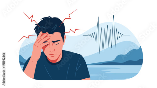 Young man experiencing a severe headache or migraine depicted with red jagged lines and sound wave patterns to symbolize intense pain.
