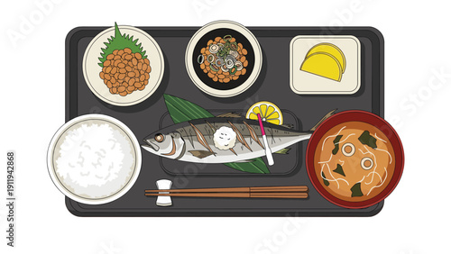 Traditional Japanese breakfast tray featuring grilled mackerel fish, steamed rice, miso soup, natto, and pickles in a flat design style.