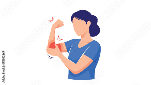 Woman clutching her painful elbow and forearm to illustrate muscle strain, joint inflammation, or sports injury with red warning symbols.