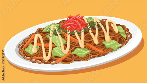 Delicious plate of Japanese yakisoba fried noodles topped with drizzled mayonnaise, red pickled ginger, and green seaweed flakes.