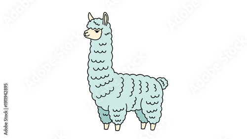 Charming and simple cartoon character of a fluffy light blue alpaca standing calmly, designed in a minimal and modern vector style.