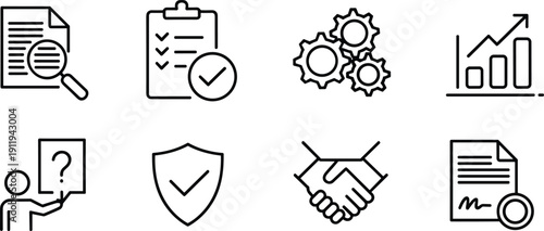 Business and management line icons set including checklist, analytics chart, teamwork handshake, document approval, security shield, and process optimization symbols