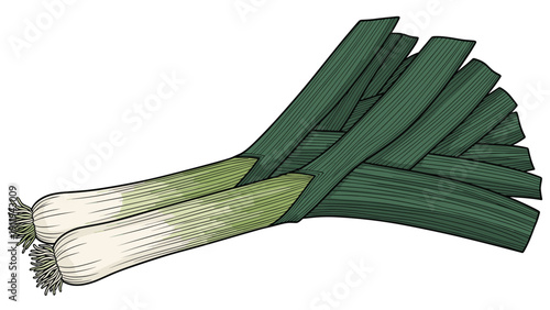 Fresh green leeks are illustrated with fine details, showcasing the texture and layers of this healthy vegetable for culinary uses.